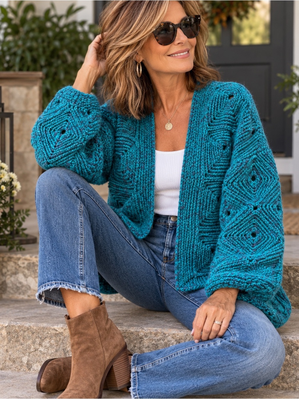 Handmade Crochet Cardigan Teal Granny Square 3/4 Sleeve Boho Sweater